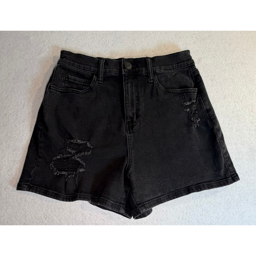 So High Rise Boyfriend Midi Black Distressed‎ Denim Shorts Size 11 30W Jean